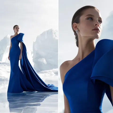 Two panel fashion editorial royal blue couture