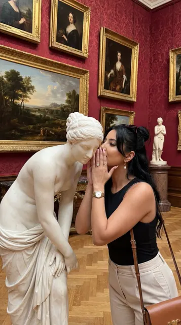 Museum whisper statue playful moment