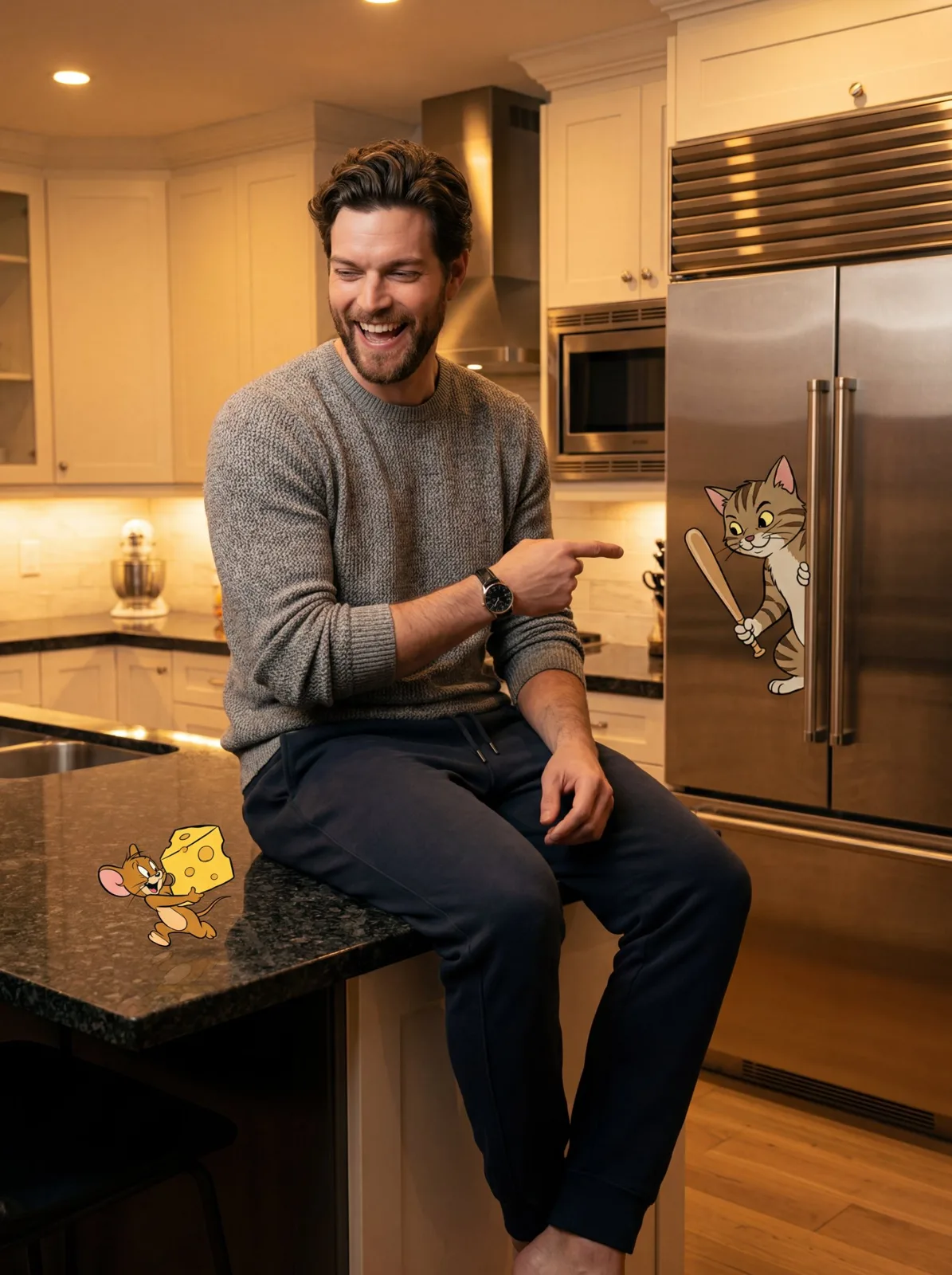 Modern luxury kitchen cartoon chase photorealistic human — Sonra