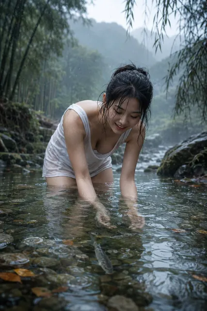 Cinematic portrait japanese woman mountain stream rain