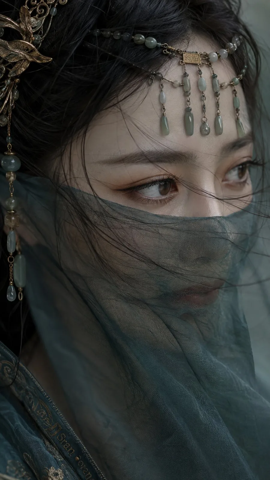 Ancient style extreme close up veiled female portrait — Sonra