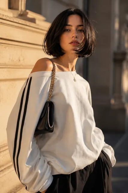 Cinematic golden hour fashion portrait white sweatshirt