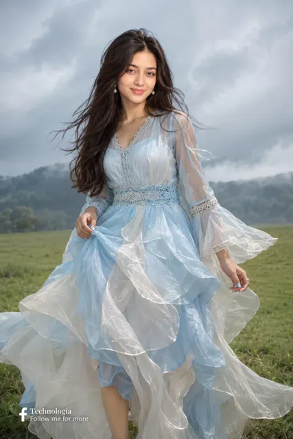 Sri lankan woman editorial blue ivory dress