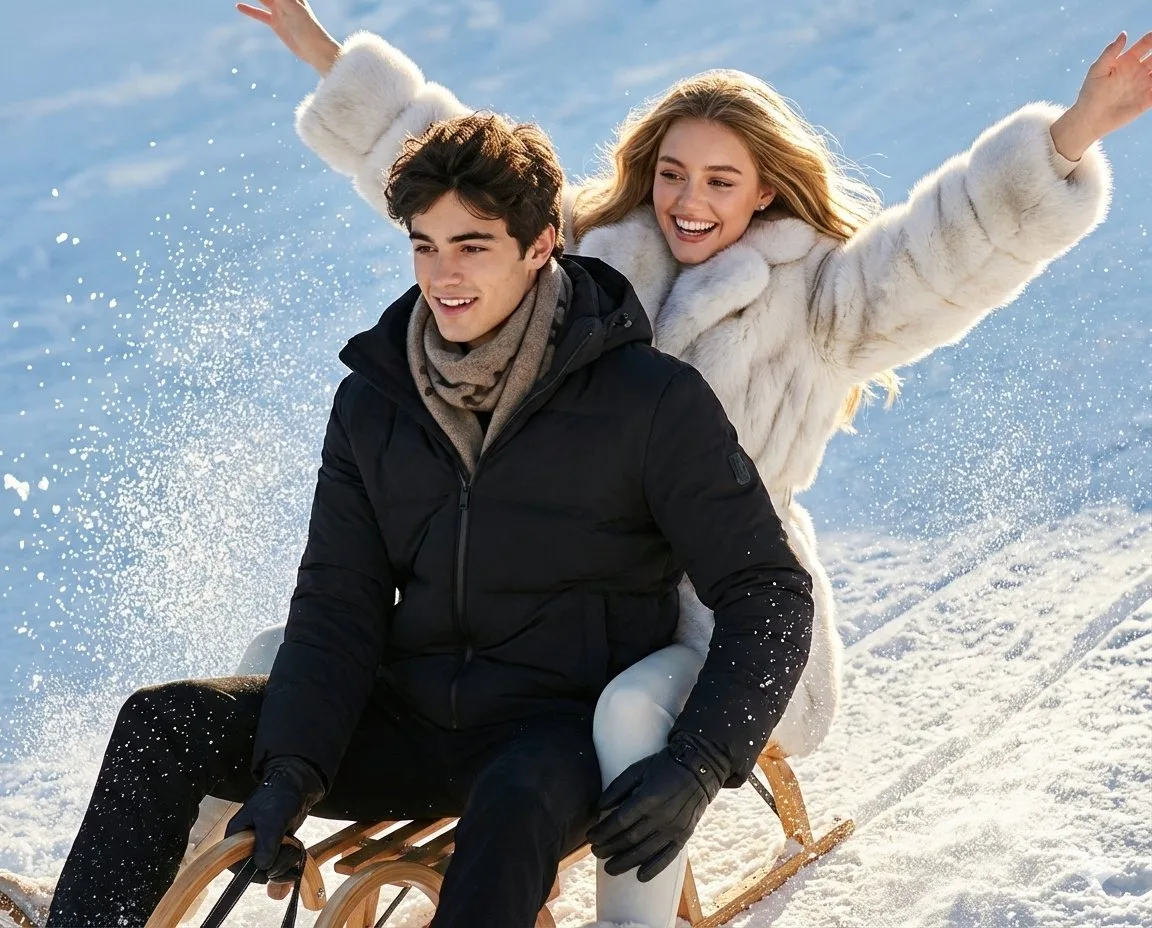 Luxury fur couple sledding cinematic — Sonra
