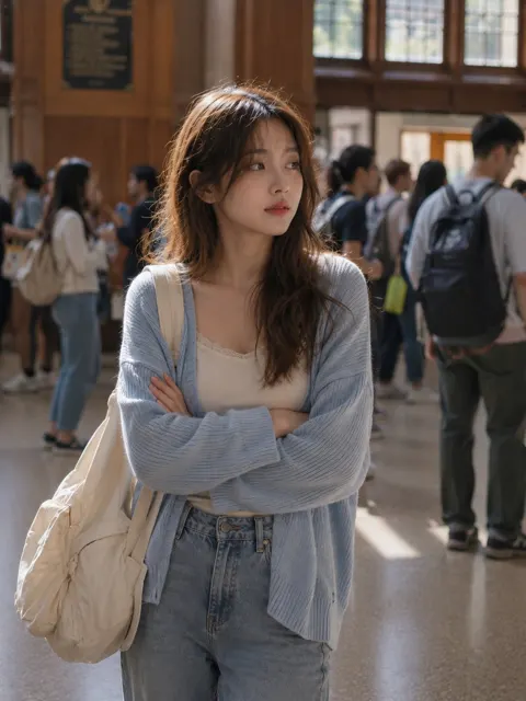 Photorealistic university student candid portrait