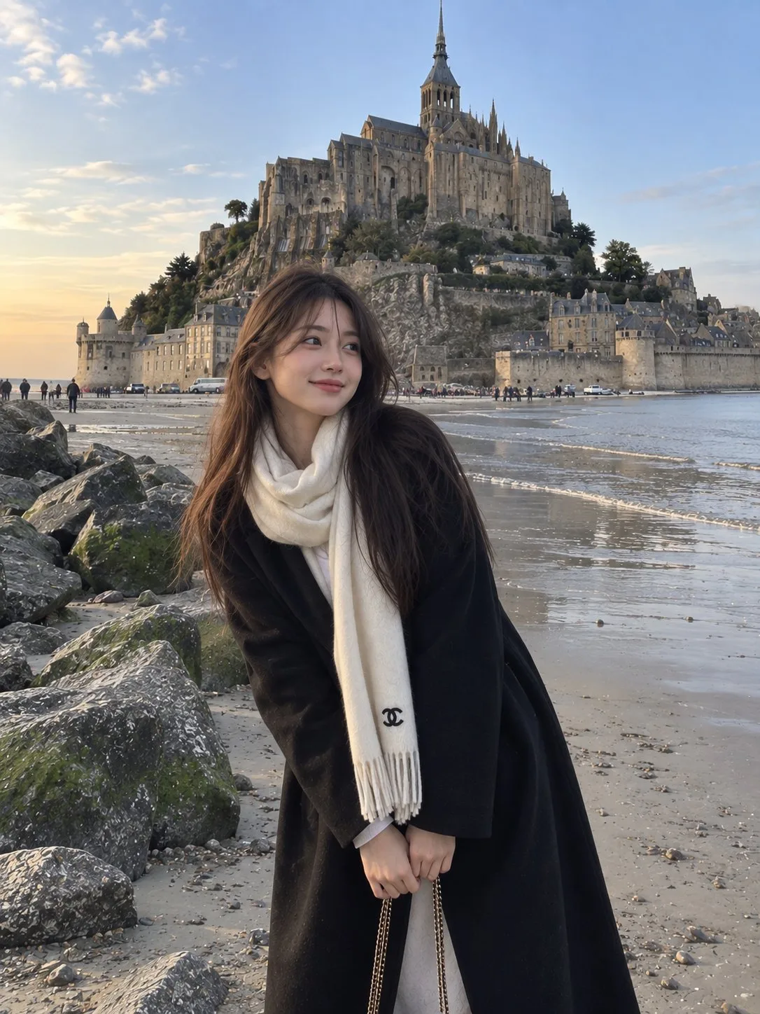 Asian woman historic abbey coastal travel portrait — Sonra