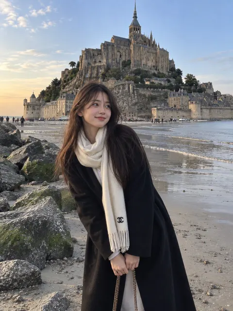 Asian woman historic abbey coastal travel portrait