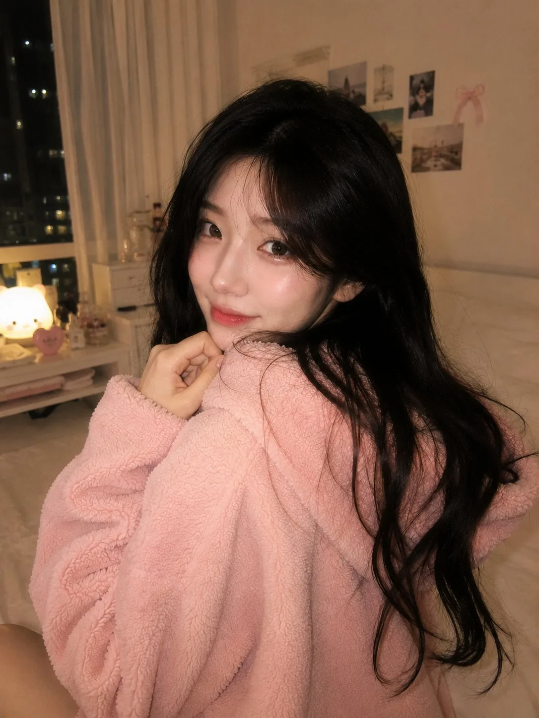 Ultra realistic korean woman cozy bedroom pink hoodie — Sonra
