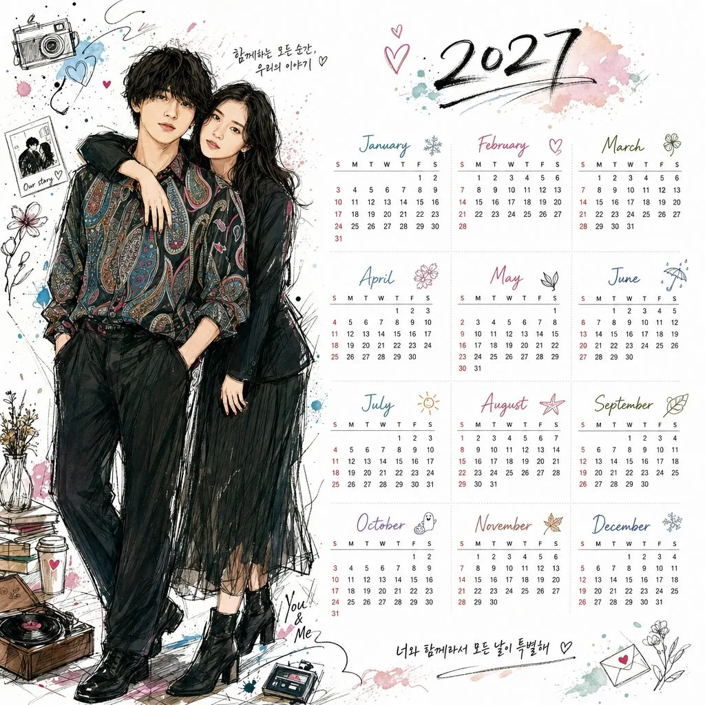 Korean style 2027 desktop calendar illustration — Sonra