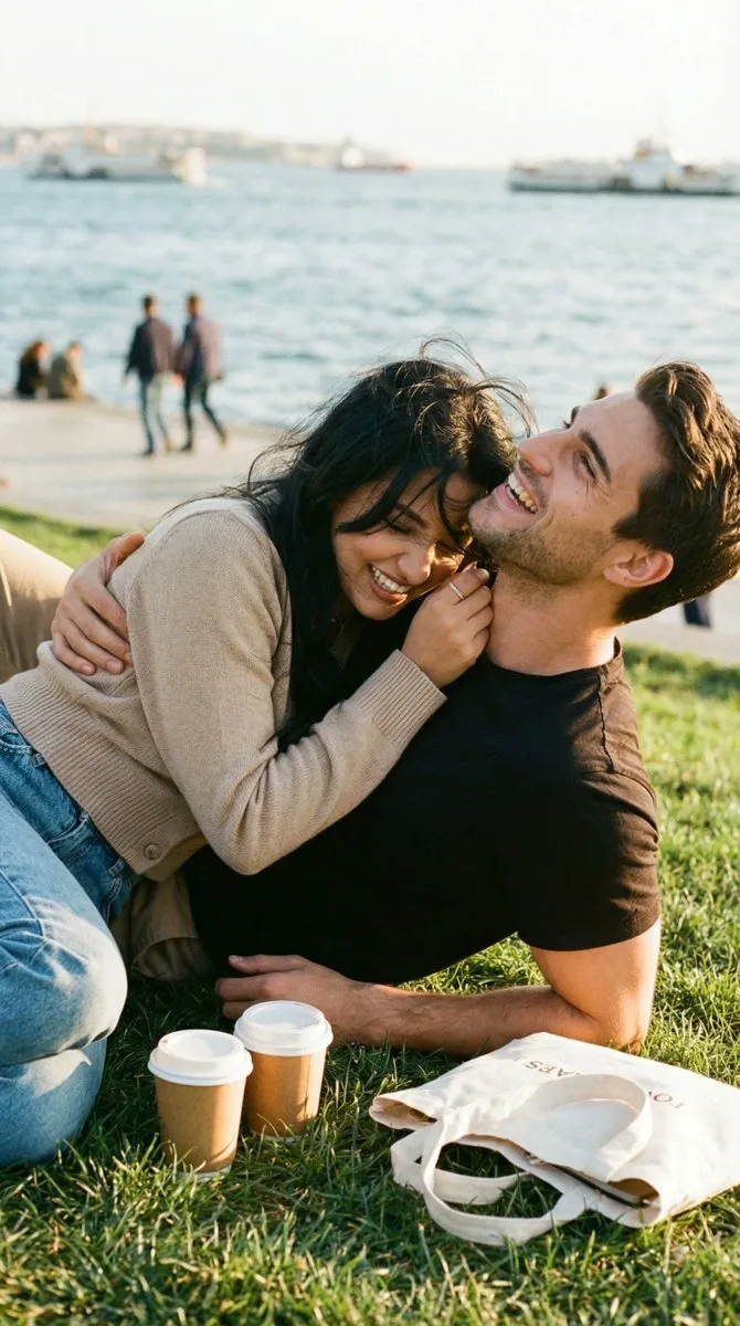 Kadikoy golden hour couple hug — Sonra