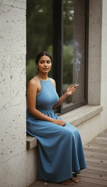 Grey corridor smoking blue dress