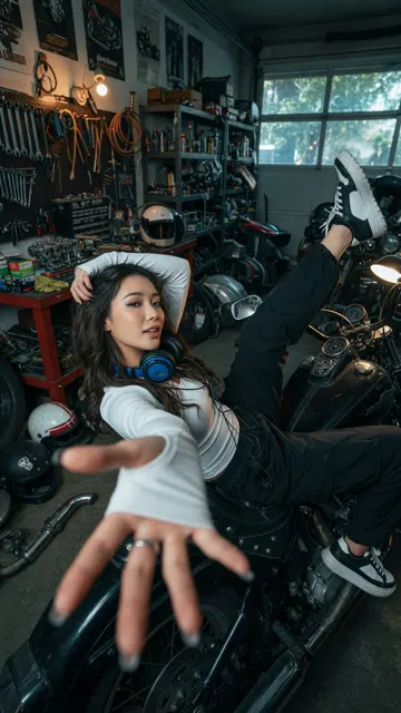Cinematic east asian woman motorcycle workshop portrait