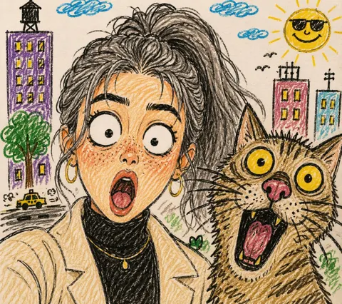 Funny crayon sketch woman shocked cat selfie