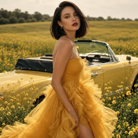 Vintage yellow car wildflower fashion editorial