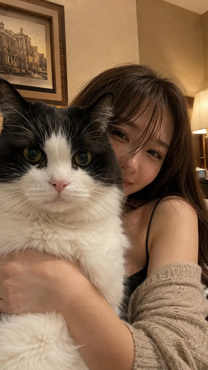 Japanese woman cat hotel selfie photorealistic prompt — After