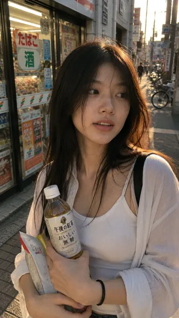 Hyper realistic mobile snapshot asian woman convenience store