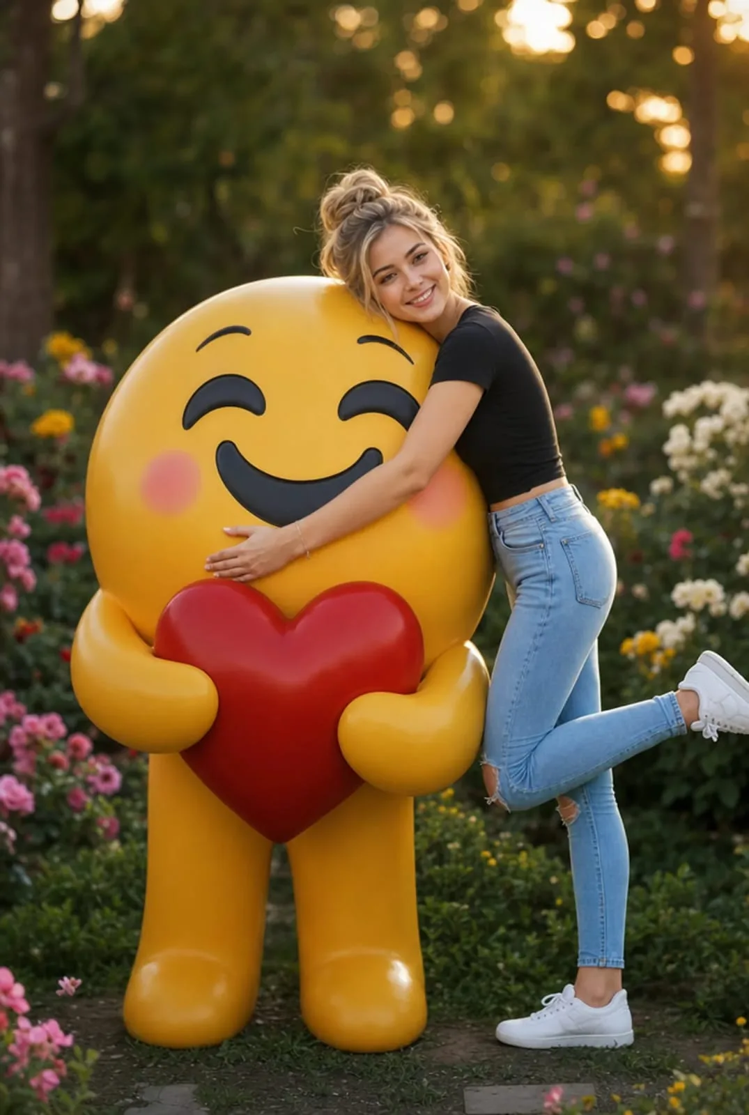 Young woman hugging giant 3d emoji in garden — After
