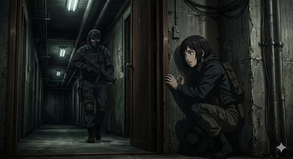 Girl hiding vs armed guard — Sonra