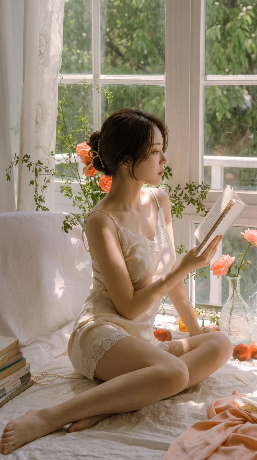 Realistic 9 16 woman reading window portrait — Sonra