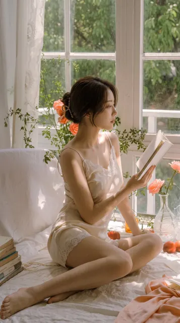 Realistic 9 16 woman reading window portrait