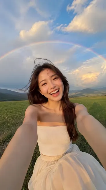 East asian woman summer grassland rainbow selfie