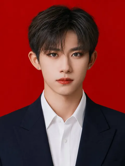 Consistent character stage makeup red background id photo