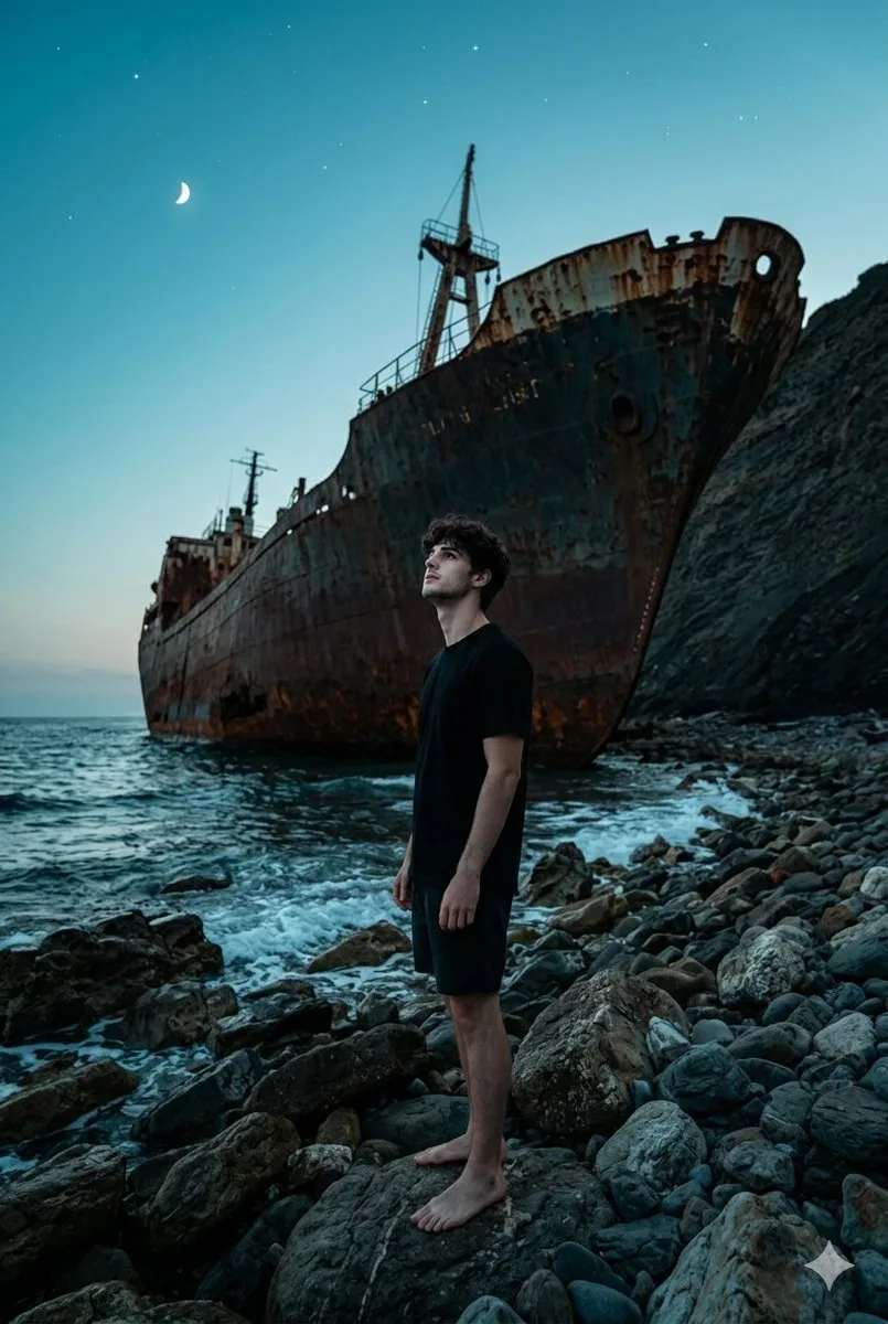 Twilight beach shipwreck man — After