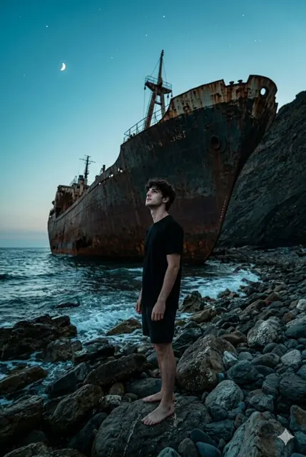Twilight beach shipwreck man