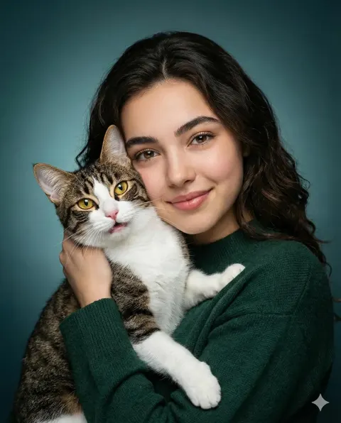 Girl hugging tabby cat