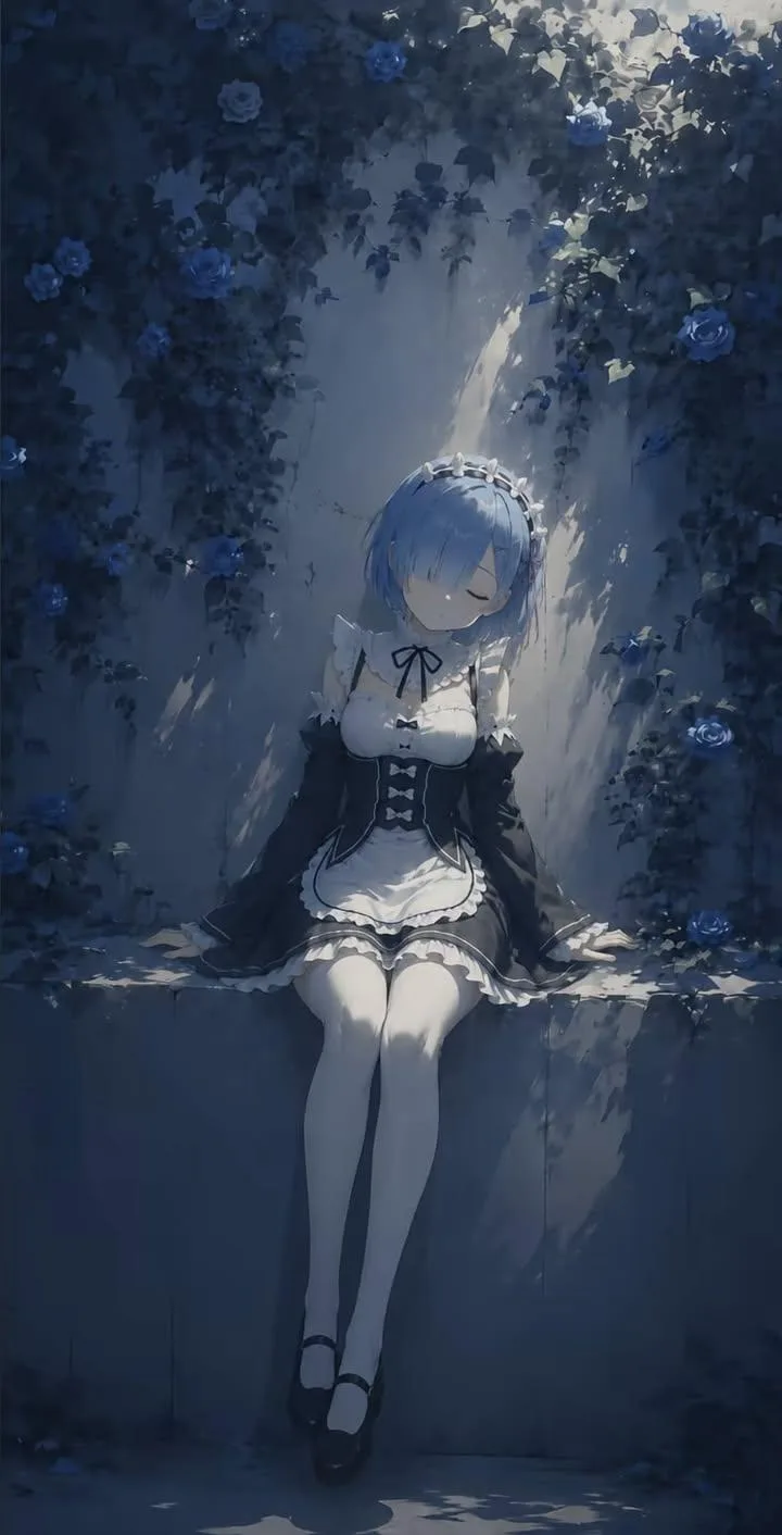 Anime girl silver hair purple eyes stone bench — Sonra