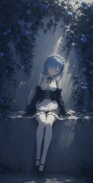 Anime girl silver hair purple eyes stone bench