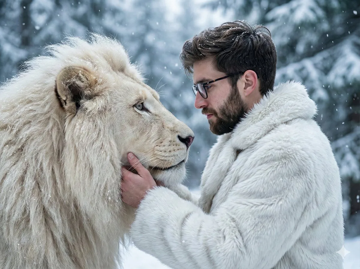 King and white lion in snow forest — After