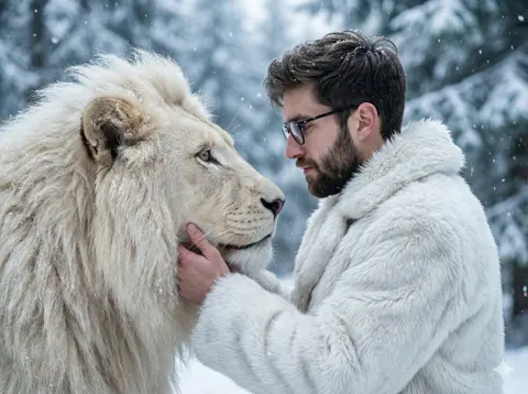 King and white lion in snow forest
