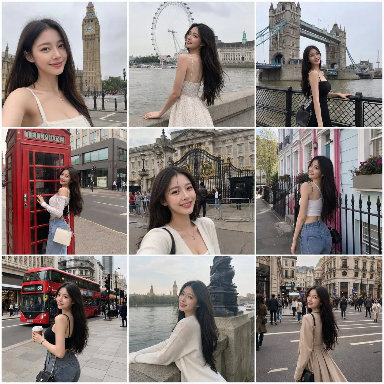 Korean woman london travel collage prompt — After