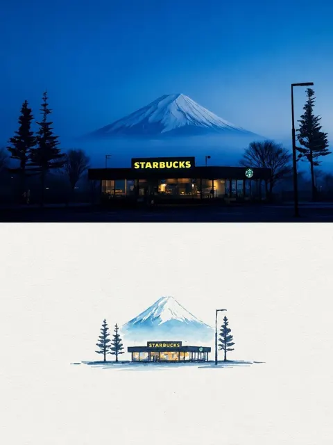 Japanese watercolor starbucks fuji illustration