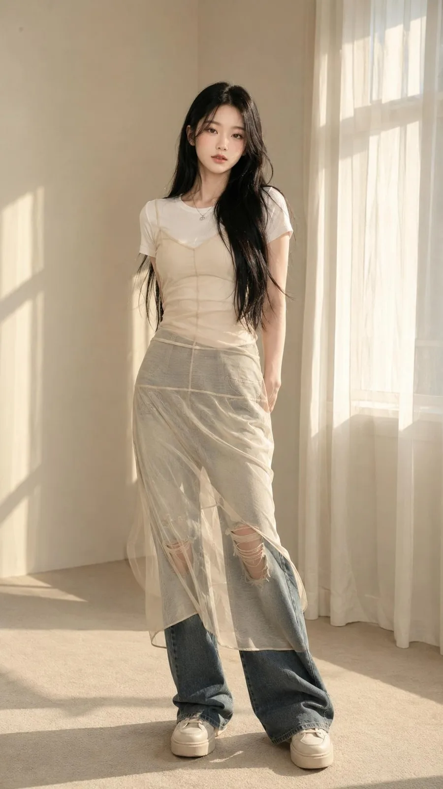 Korean editorial fashion portrait minimalist sunlit room — After