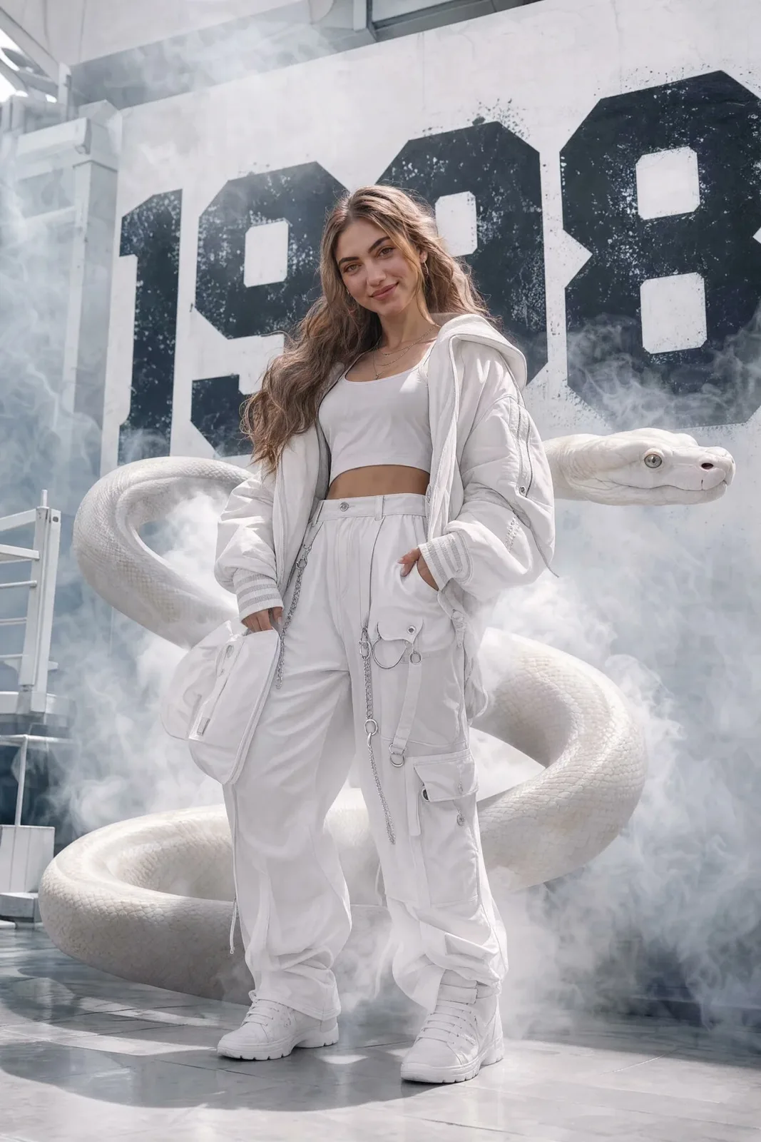Luxury white streetwear albino python editorial portrait — Sonra
