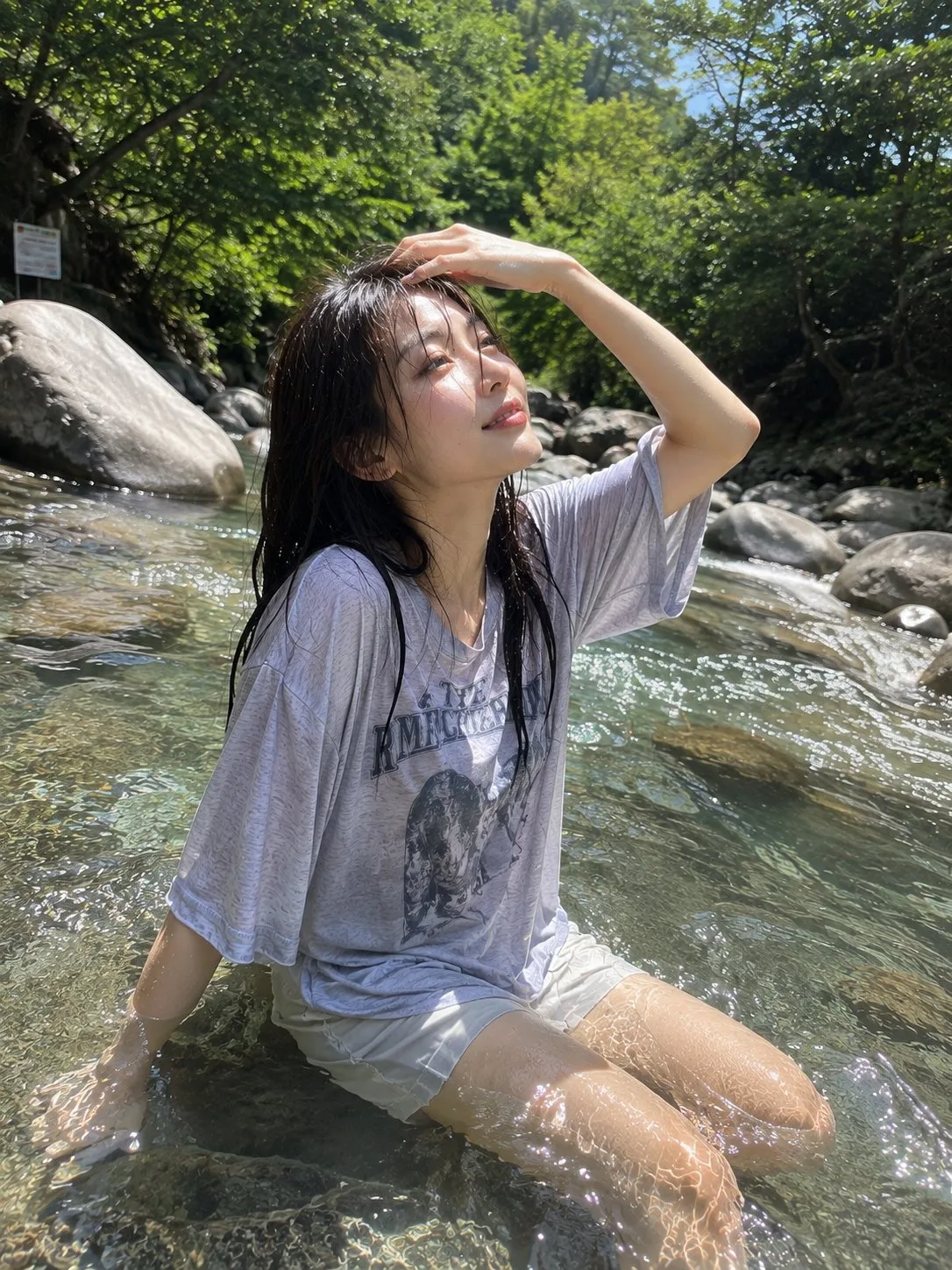 Realistic east asian woman mountain stream summer — Sonra
