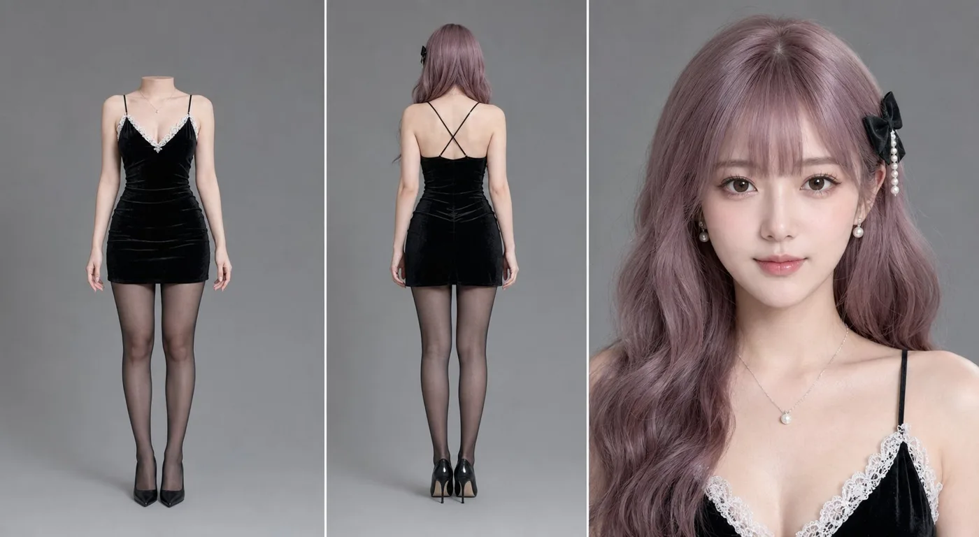Three panel black velvet dress character reference — Sonra