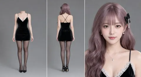 Three panel black velvet dress character reference