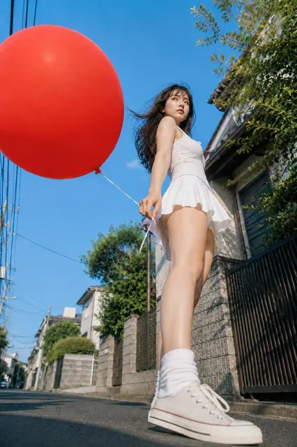 Red balloon summer sky girl residential area