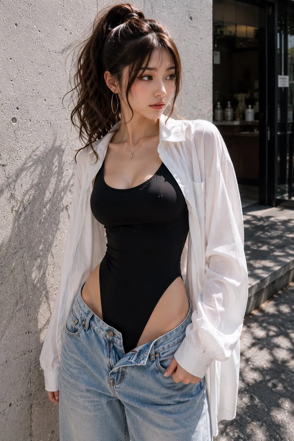 Japanese woman y2k street fashion concrete wall photography — After