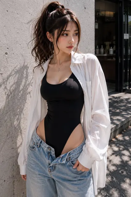 Japanese woman y2k street fashion concrete wall photography