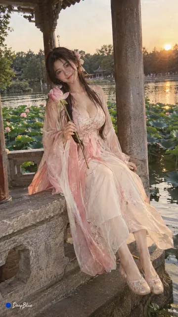 Xiaohongshu style hanfu girl lotus pavilion