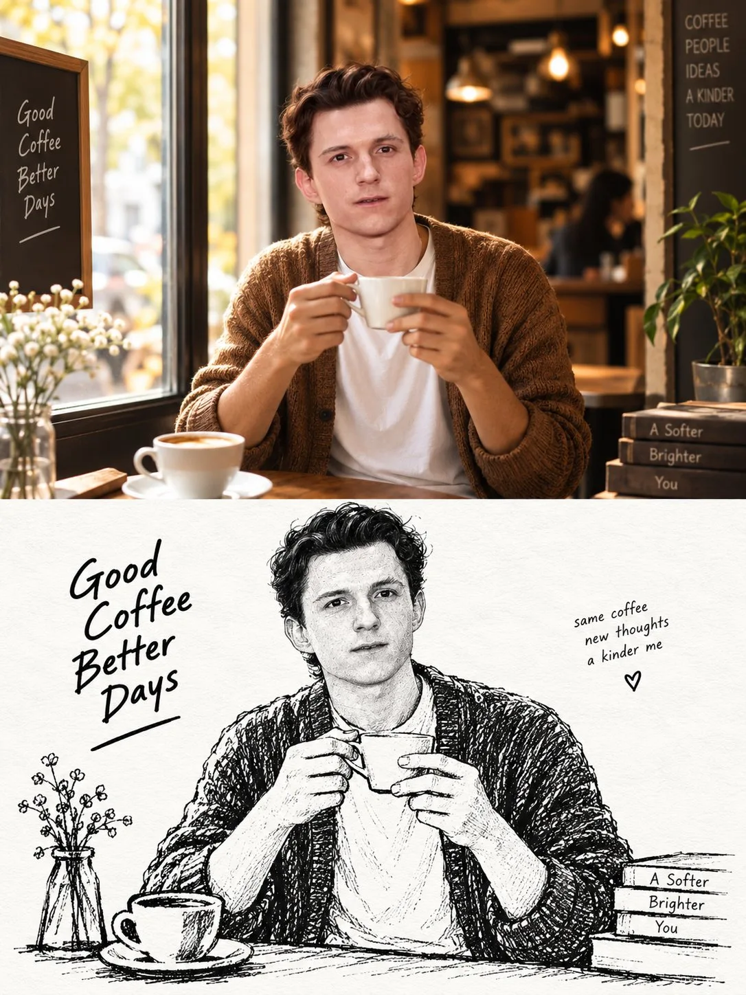 Coffee portrait and couple street sketch poster — Sonra