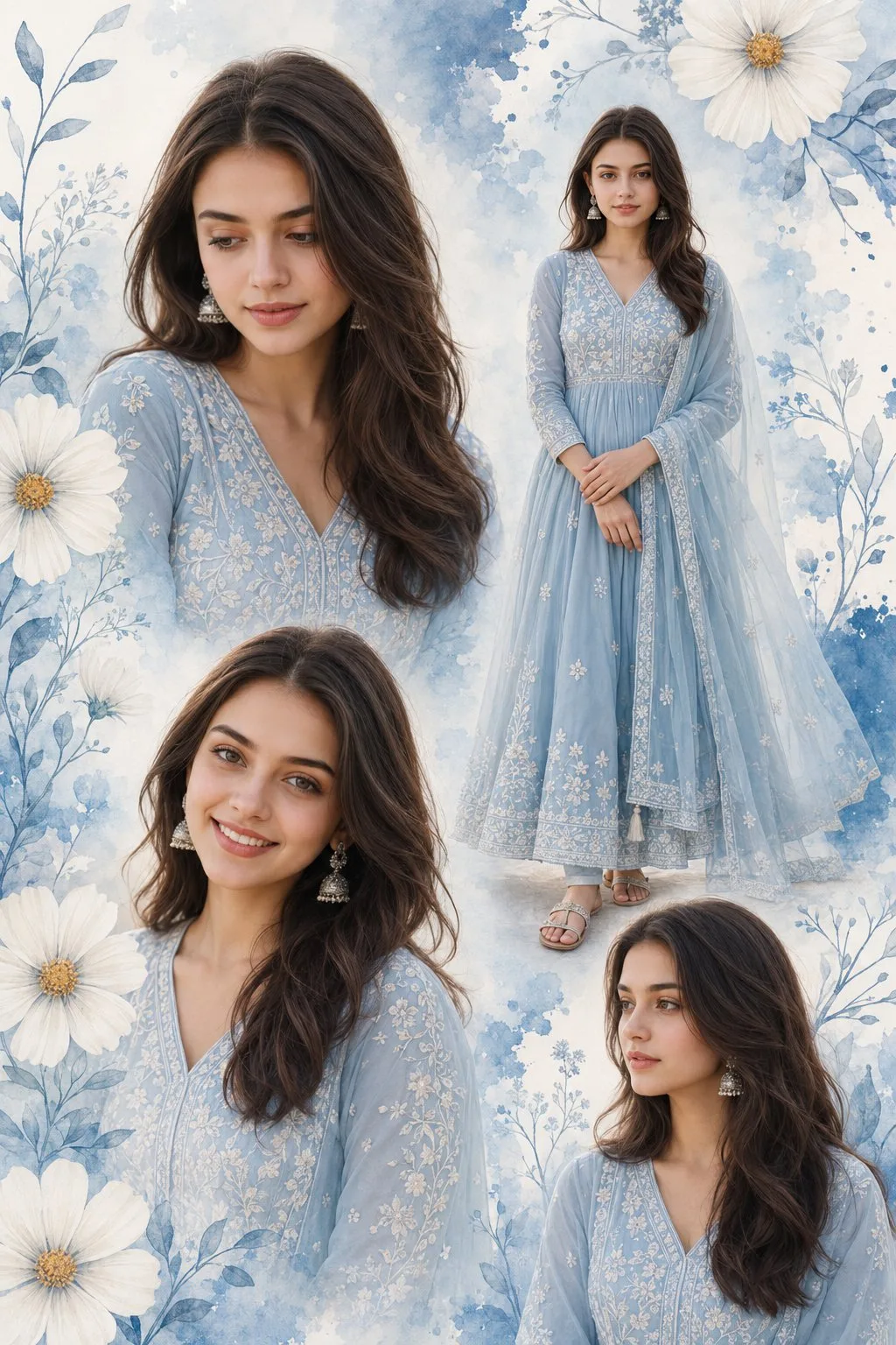 Indian woman powder blue anarkali collage poster — After