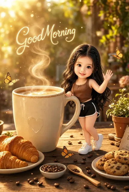 Pixar style filipina chibi morning coffee garden