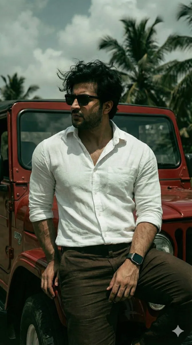 Cinematic fashion man with red jeep — Sonra