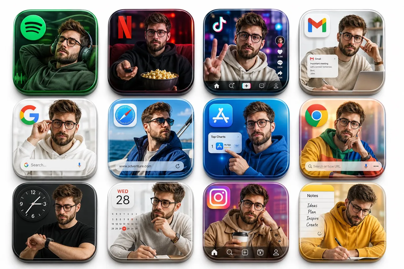 Premium 3d app icon grid with realistic character — After