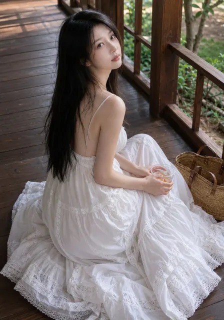 Summer lifestyle east asian woman white dress wooden stairs